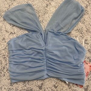 SHEIN Light Blue Ruched Mesh Sweetheart Crop Top Size L NWT